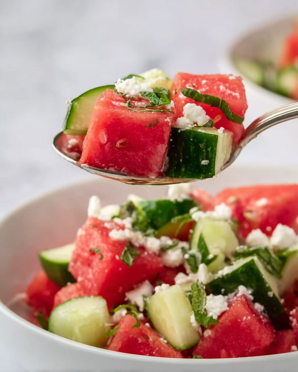 A close-up view of a spoon holding a colorful mix of cubed watermelon, cucumber pieces, crumbled white cheese, and chopped green herbs above a white bowl filled with the same mixture. The watermelon cubes are bright red with smooth surfaces, the cucumber slices have a fresh green outer edge with a pale center, the cheese is soft and crumbly with a snowy texture, and the herbs are scattered green leaves adding a fresh touch. The background features a white marbled surface that contrasts softly with the vivid colors of the dish. Photo taken with an iphone --ar 4:5 --v 7