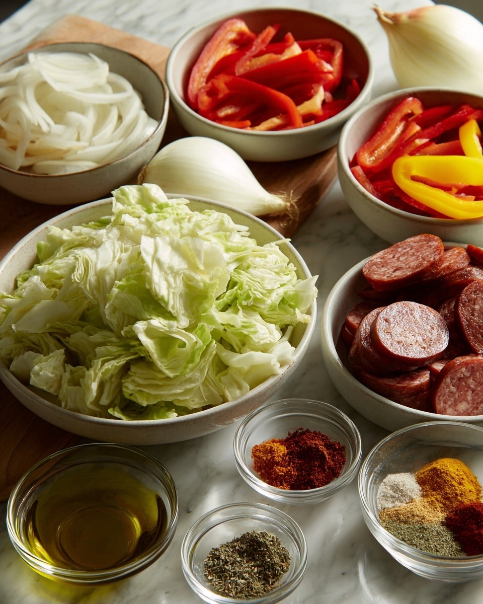 The image shows several bowls of ingredients on a white marbled surface. At the center, there is a white bowl filled with layers of chopped light green cabbage. Surrounding it are bowls with red and yellow bell pepper strips, sliced white onions, and thick slices of dark reddish sausage. A whole white onion sits in a bowl behind the cabbage. Two small glass bowls in the front contain olive oil and a mix of colorful spices including red, brown, yellow, and green powders. The textures vary from smooth oils to crisp vegetables and firm sausage rounds. Photo taken with an iphone --ar 4:5 --v 7