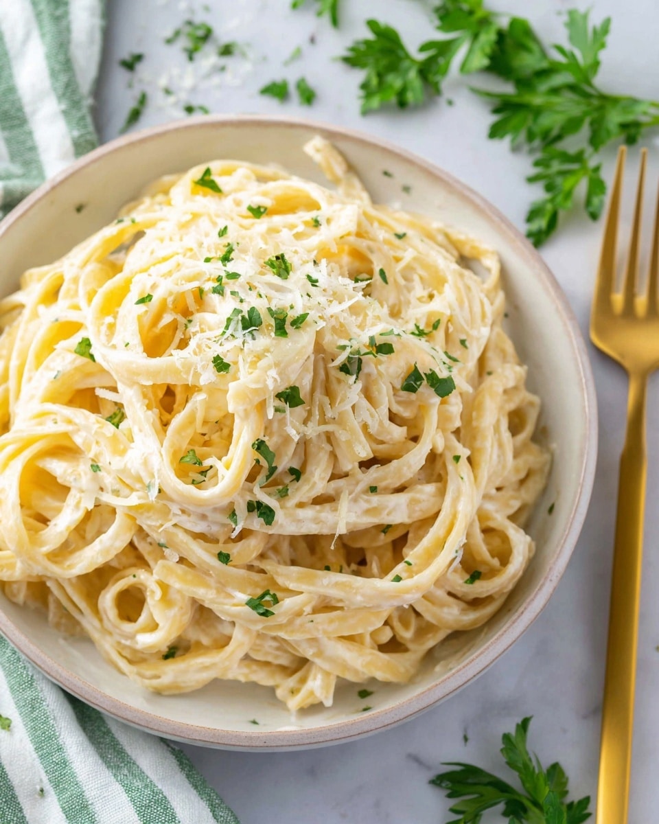 A white bowl filled with a large serving of creamy fettuccine pasta twisted into a loose mound. The pasta is pale yellow with a smooth, rich sauce coating each strand, sprinkled evenly with small bits of green parsley and grated white cheese on top. The bowl sits on a white marbled surface, next to a gold fork with a striped green and white cloth underneath. Parts of fresh parsley leaves are seen near the bowl. Photo taken with an iphone --ar 4:5 --v 7