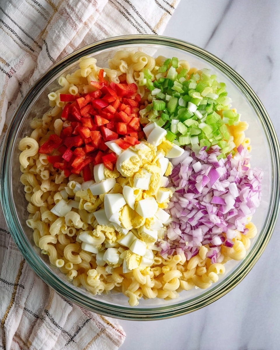 A clear glass bowl filled with four separate layers of chopped ingredients laying on cooked elbow macaroni pasta. The pasta forms the base layer with a pale yellow color and soft texture. On top, there are bright green chopped celery pieces on the left, finely diced red bell pepper with a vibrant red color on the upper left side, coarsely chopped red onion with purple and white tones on the upper right, and chopped hard-boiled eggs with white and yellow colors placed on the lower center. The bowl is placed on a white marbled surface, with a white cloth featuring light brown and black lines in the upper right corner. photo taken with an iphone --ar 4:5 --v 7