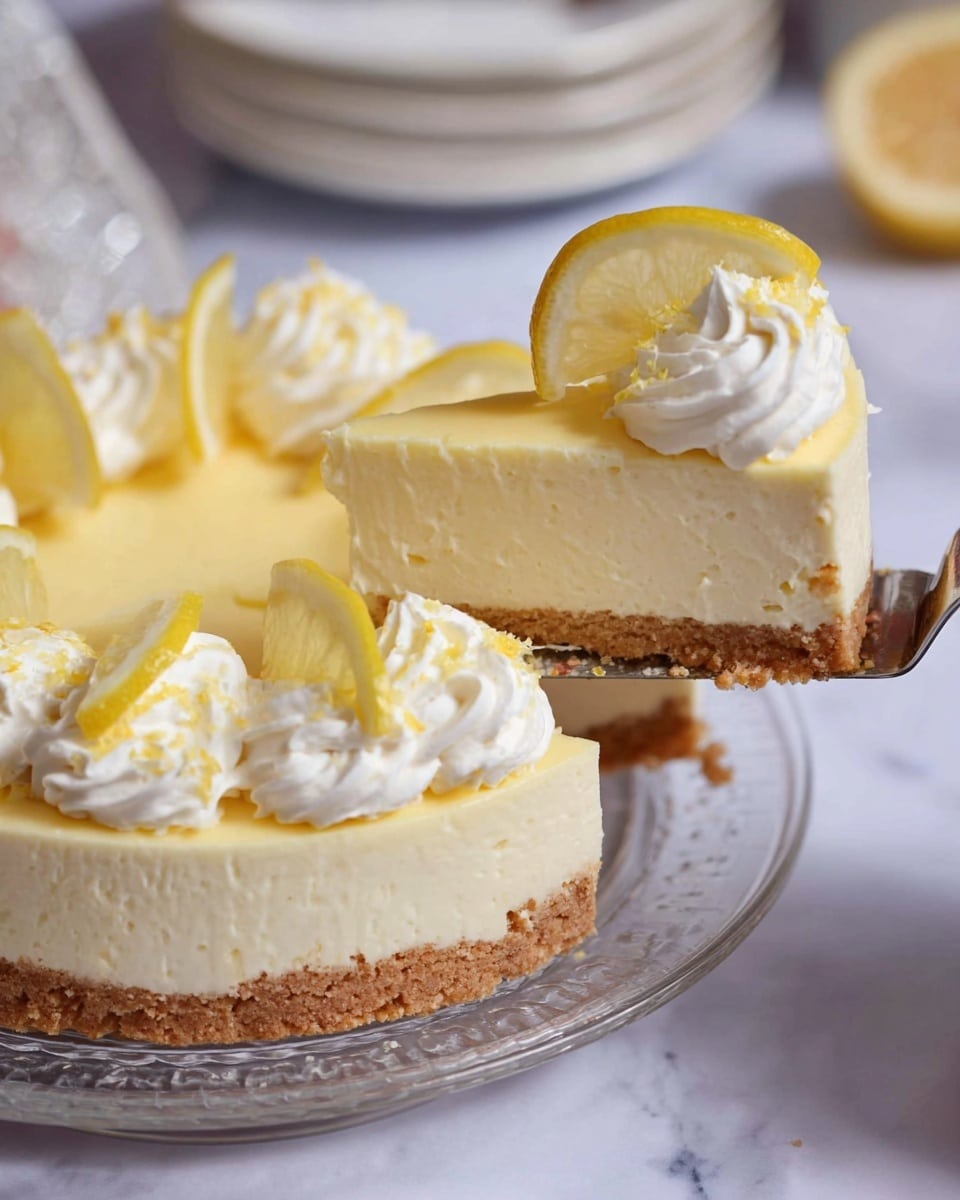 The image shows a round lemon cheesecake with three main layers on a clear glass plate over a white marbled surface. The bottom layer is a crumbly light brown crust. The middle layer is thick, creamy, and pale yellow, forming the main body of the cake. The top layer is a thinner, smooth yellow cream decorated with small pieces of lemon zest. On top, there is a swirl of white cream dolloped near the edges, each topped with a thin, translucent slice of lemon giving a fresh look. A woman's hand is holding a silver cake server lifting one slice from the cake. In the background, white plates with a cutoff pattern are slightly blurred, emphasizing the cake. Photo taken with an iphone --ar 4:5 --v 7