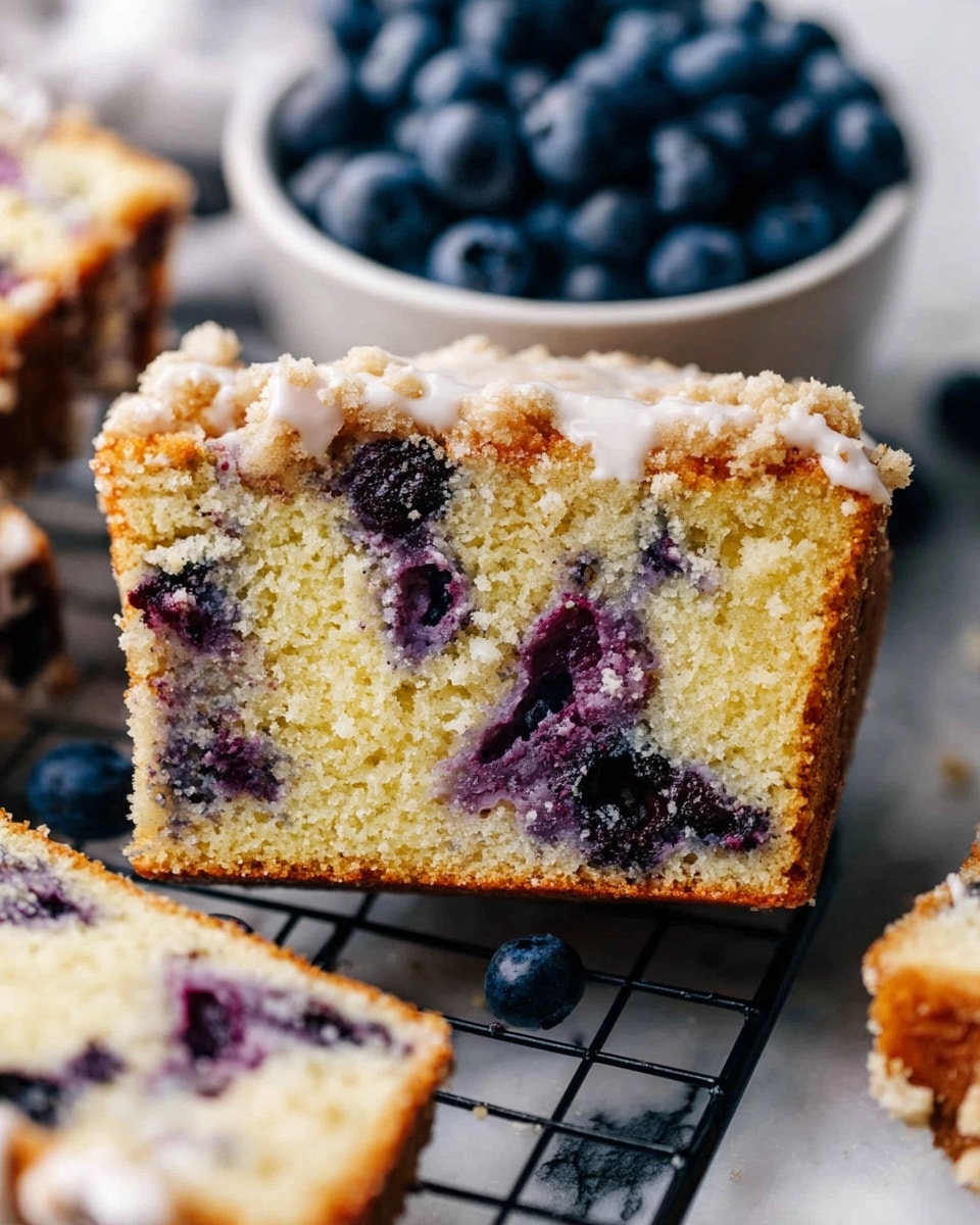 A close-up view of a thick slice of blueberry cake showing two layers: a yellow crumb layer with scattered dark purple blueberries inside and a crumbly, light brown streusel topping. The slice rests on a black cooling rack with more cake slices around it, some showing white glaze drizzled on top. A white bowl filled with fresh blueberries is visible in the top part of the image, placed on a white marbled surface. The colors are bright and natural, and the cake texture looks soft and moist. Photo taken with an iphone --ar 4:5 --v 7