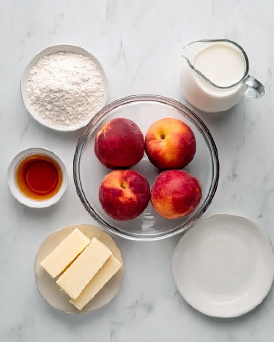 A clear glass bowl in the center holds five bright red and orange peaches with smooth skin. Around the bowl, there are six ingredients placed on a white marbled surface: to the left, a white bowl with flour and a small white bowl with a dark amber liquid; to the right, a clear glass jug with white milk and a white plate with two sticks of pale yellow butter. The whole scene is well-lit, showing soft natural colors and textures, photo taken with an iphone --ar 4:5 --v 7