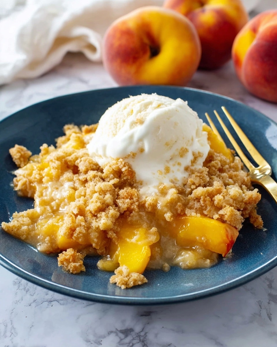 A white plate holds a peach crisp dessert with three layers: the bottom layer is soft, bright yellow peach slices visible around the edges, the middle layer is a thick, crumbly, golden-brown crisp topping scattered unevenly over the peaches, and the top layer is a round scoop of creamy white vanilla ice cream that slightly melts into the crisp, with crumb pieces sprinkled on the ice cream. A gold fork rests on the right edge of the plate, and in the background, there are whole peaches on a white marbled surface. Photo taken with an iphone --ar 4:5 --v 7
