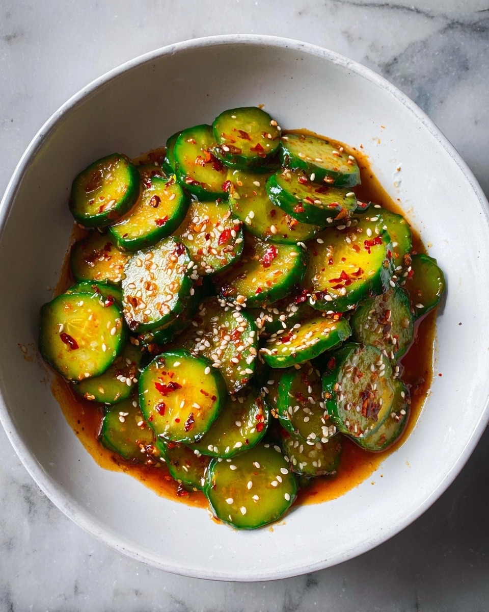 A white bowl filled with sliced cucumbers that have a shiny and slightly oily texture, mixed with a reddish-brown sauce gathered at the bottom. The cucumbers are cut into thick half-moon shapes and are topped with white sesame seeds and small pieces of red chili flakes, adding spots of white and red on the green cucumber slices. The bowl is placed on a white marbled surface. photo taken with an iphone --ar 4:5 --v 7