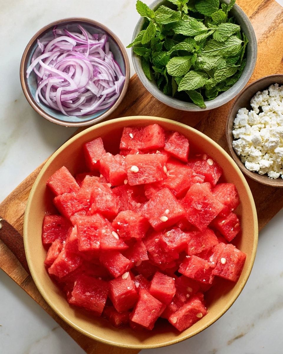 A large white bowl filled with bright red watermelon cubes showing their juicy texture and a few seeds scattered around; to the upper left, a small white bowl holds fresh, vibrant green mint leaves with detailed veins; next to it, a white bowl contains thinly sliced red onion rings with a purple and white gradient; to the right, a wooden bowl is filled with soft, crumbly white cheese; all bowls and ingredients sit on a white marbled surface with a wooden board nearby, photo taken with an iphone --ar 4:5 --v 7
