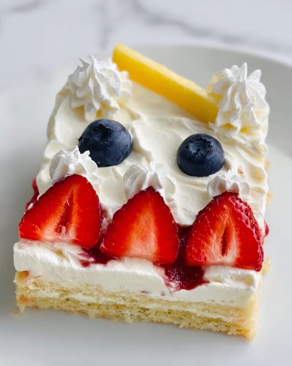 The image shows a square dessert with three layers: the bottom is a soft pale yellow cake, the middle is a smooth white cream layer, and the top is decorated with fruit and whipped cream. Two large dark blue blueberries sit near the top edge, and below them are four bright red strawberry slices arranged evenly. Between the fruit slices are small dollops of white whipped cream piped in a star shape. A thin strip of yellow cake lies at the very top edge, adding height to the piece. The dessert is on a white plate, set against a white marbled surface. photo taken with an iphone --ar 4:5 --v 7