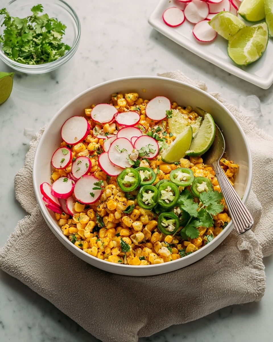 A close-up image shows a spoon held by a woman's hand scooping a creamy corn salad. The salad has bright yellow corn kernels mixed with small green herb pieces and white cheese chunks. On top of the spoonful is a fresh green jalapeño slice with visible seeds and soft texture. In the background, a white bowl holds more of the corn salad, placed on a white marbled surface. Blurred tomatoes, lime wedges, and fresh herbs also appear in the scene, adding color and context. Photo taken with an iphone --ar 4:5 --v 7
