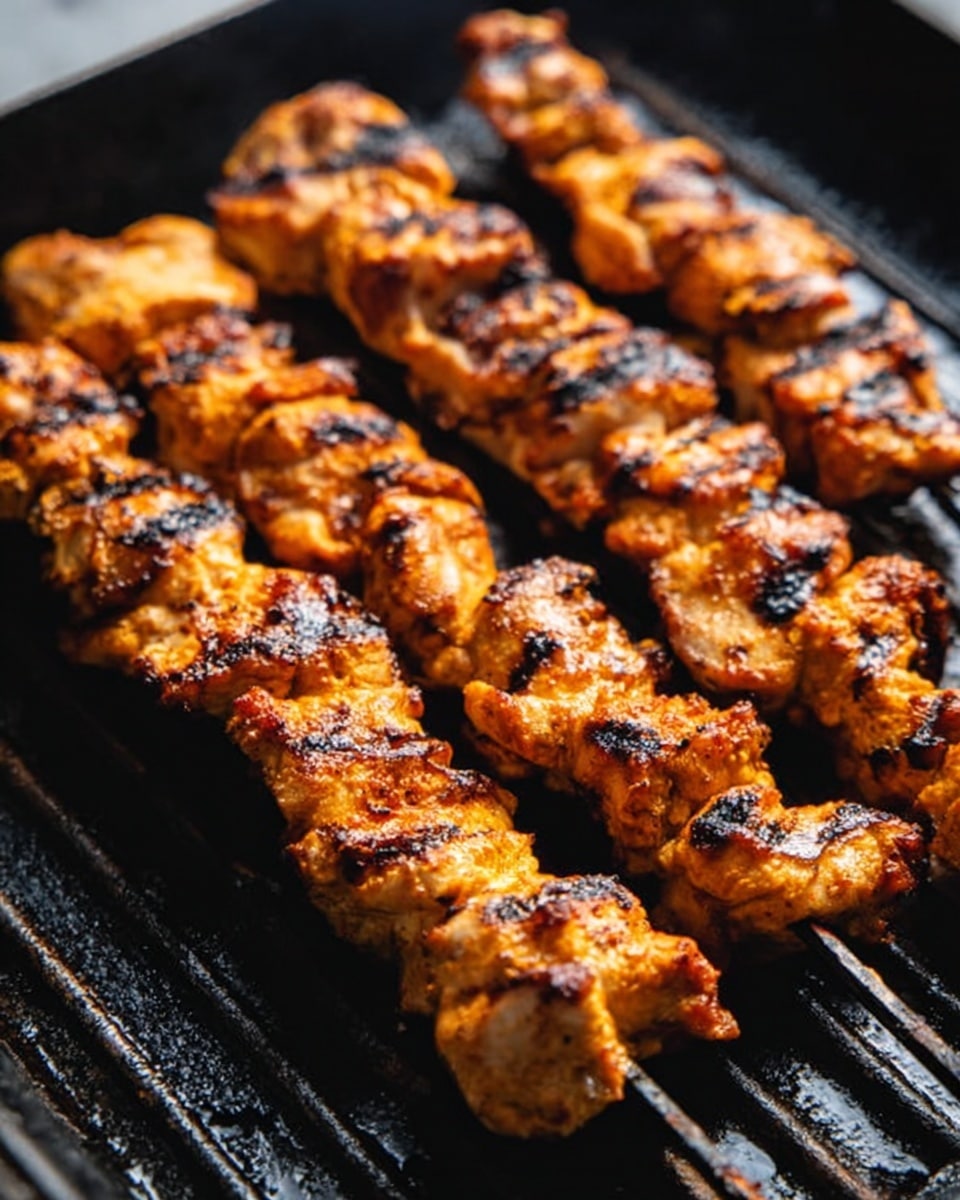The image shows several skewers of grilled chicken pieces lined up closely on a black grill with clear dark grill marks. The chicken pieces are golden brown with some burnt edges, giving a textured look of cooked meat. Each skewer is arranged horizontally, with the chicken chunks evenly spaced and slightly shiny from cooking juices. The background is out of focus, emphasizing the skewers on the grill with white marbled texture behind. photo taken with an iphone --ar 4:5 --v 7