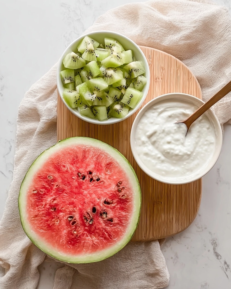The image shows three main items arranged on a light wooden board placed on a white marbled surface, with a soft beige cloth around. At the bottom, there is a large round slice of watermelon with bright red flesh and scattered black seeds. Above it, there is a white bowl filled with small green pieces of kiwi fruit, with visible tiny black seeds inside the fruit. Next to this bowl, on the board, there is a white bowl with thick white yogurt or cream and a small wooden spoon resting inside it. The colors are fresh and natural, with the red, green, and white creating a clean, simple look. Photo taken with an iphone --ar 4:5 --v 7