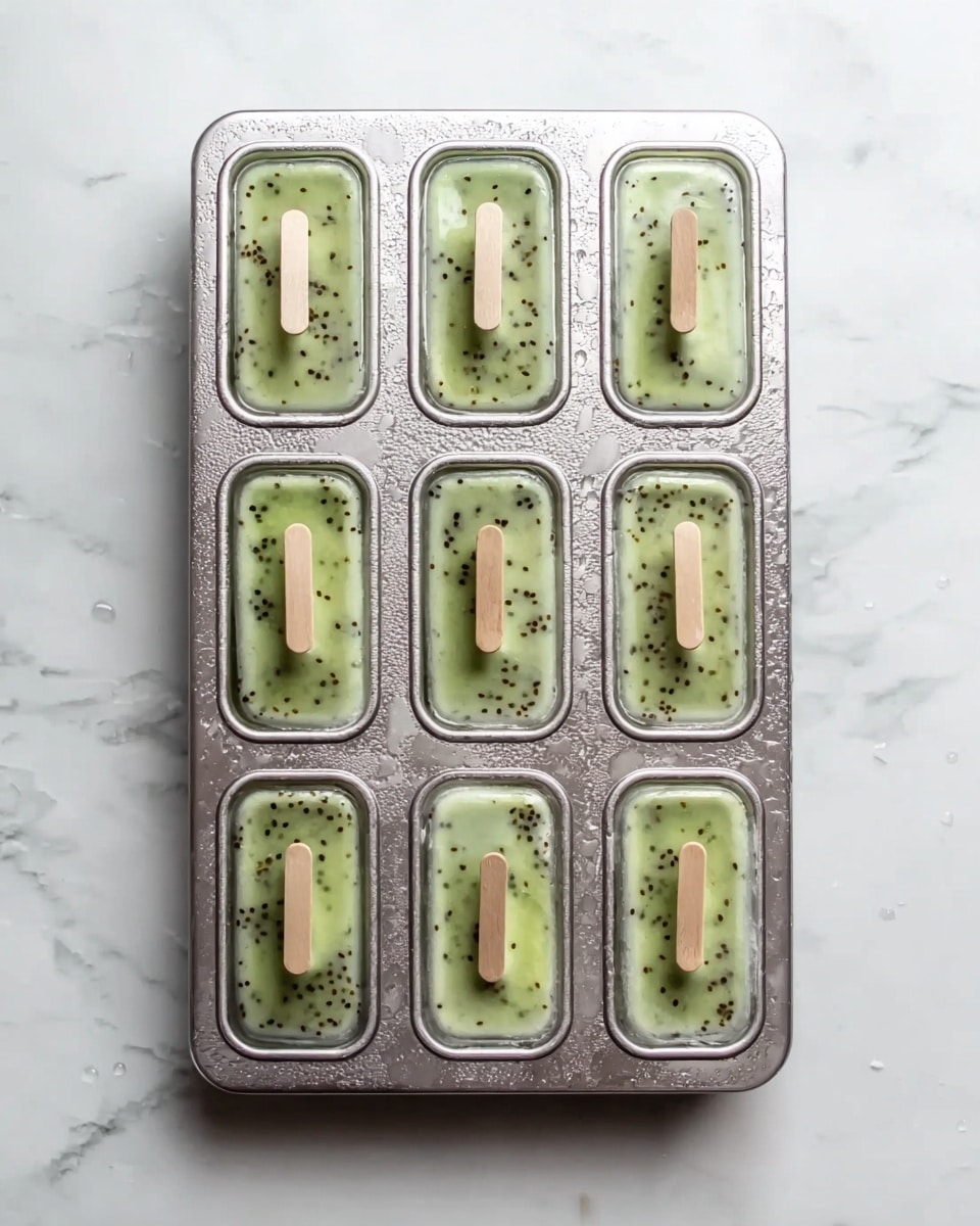 A metal popsicle mold with ten rectangular cavities each filled with a light green icy mixture speckled with small dark seeds, topped with a small wooden stick in the center of each cavity. The mold is placed on a white marbled surface with some droplets around it, showing a cool and fresh look. Photo taken with an iphone --ar 4:5 --v 7