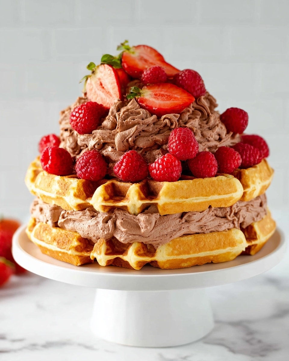 A three-layer dessert stacked like a cake is shown on a white cake stand against a white marbled surface. The bottom and middle layers are thick golden waffles with a slightly crisp texture. Between the layers, there is a thick, creamy layer of light brown chocolate mousse that looks fluffy and rich. On top of the final waffle layer, there is more chocolate mousse piled high, and a variety of fresh, bright red strawberries and raspberries are placed on and around the mousse, adding vibrant color and freshness to the dessert. Photo taken with an iphone --ar 4:5 --v 7