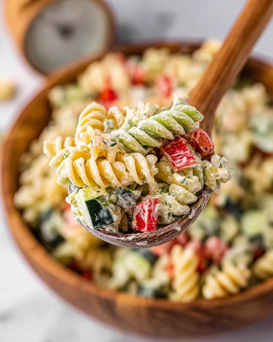 The image shows a close-up of a colorful pasta salad with three layers of spiral pasta in pale yellow, orange, and green, mixed evenly throughout. Scattered in between the pasta are small chunks of dark red tomatoes and pieces of bright green broccoli, all coated with a creamy white dressing that has a slightly speckled texture from herbs. The overall look is fresh and vibrant with the mix of colors and smooth, creamy textures. The pasta and vegetables fill the frame closely against a white marbled background, giving a bright and clean feeling. photo taken with an iphone --ar 4:5 --v 7