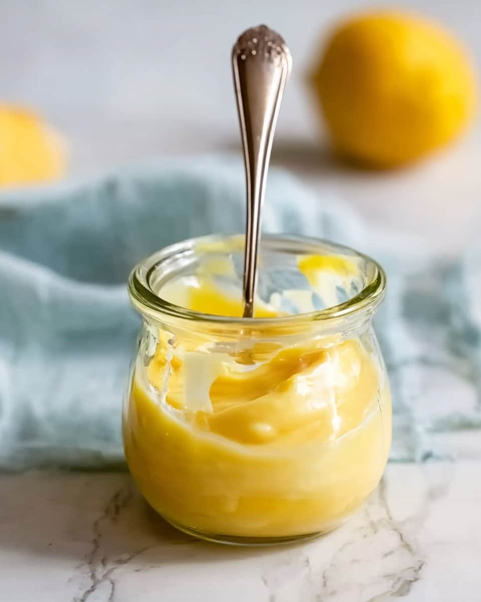 A small clear glass jar filled about halfway with thick yellow lemon curd cream, with some cream smeared on the inside of the jar near the top. A silver spoon is inside the jar, standing upright with its handle sticking out. The jar is placed on a white marbled surface with a light blue cloth and a yellow lemon blurred in the background. Photo taken with an iphone --ar 4:5 --v 7