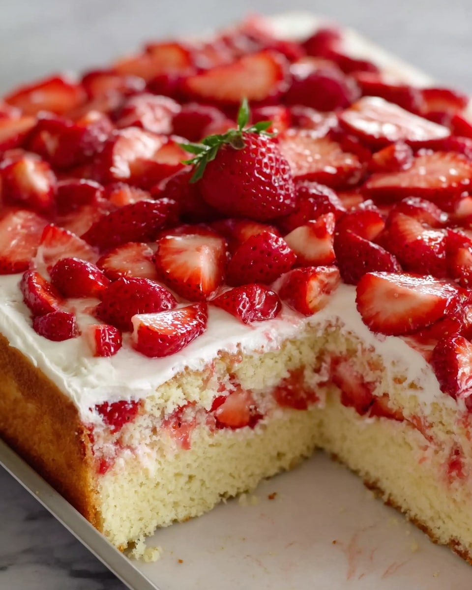 The image shows a close-up of a rectangular strawberry shortcake with three layers. The bottom layer is a light yellow sponge cake with a soft and airy texture. Above it is a smooth white cream layer, spread evenly. The top layer has many bright red, glossy strawberry halves scattered thickly, with one whole strawberry near the center. The cake has a slice removed from one corner, revealing the layers clearly. The background surface is white marble. Photo taken with an iphone --ar 4:5 --v 7