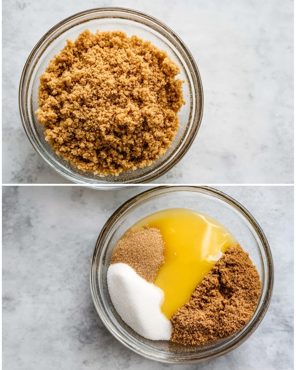 Two clear glass bowls sit on a white marbled surface. The left bowl is filled with one even layer of finely crumbly, light brown mixture resembling crushed graham crackers. The right bowl contains several ingredients not yet mixed: a smooth layer of melted yellow butter at the bottom, topped by several powders in separate clumps—a light brown powder on the top left, white granulated sugar on the right, and a darker brown granulated sugar beneath them. Photo taken with an iphone --ar 4:5 --v 7