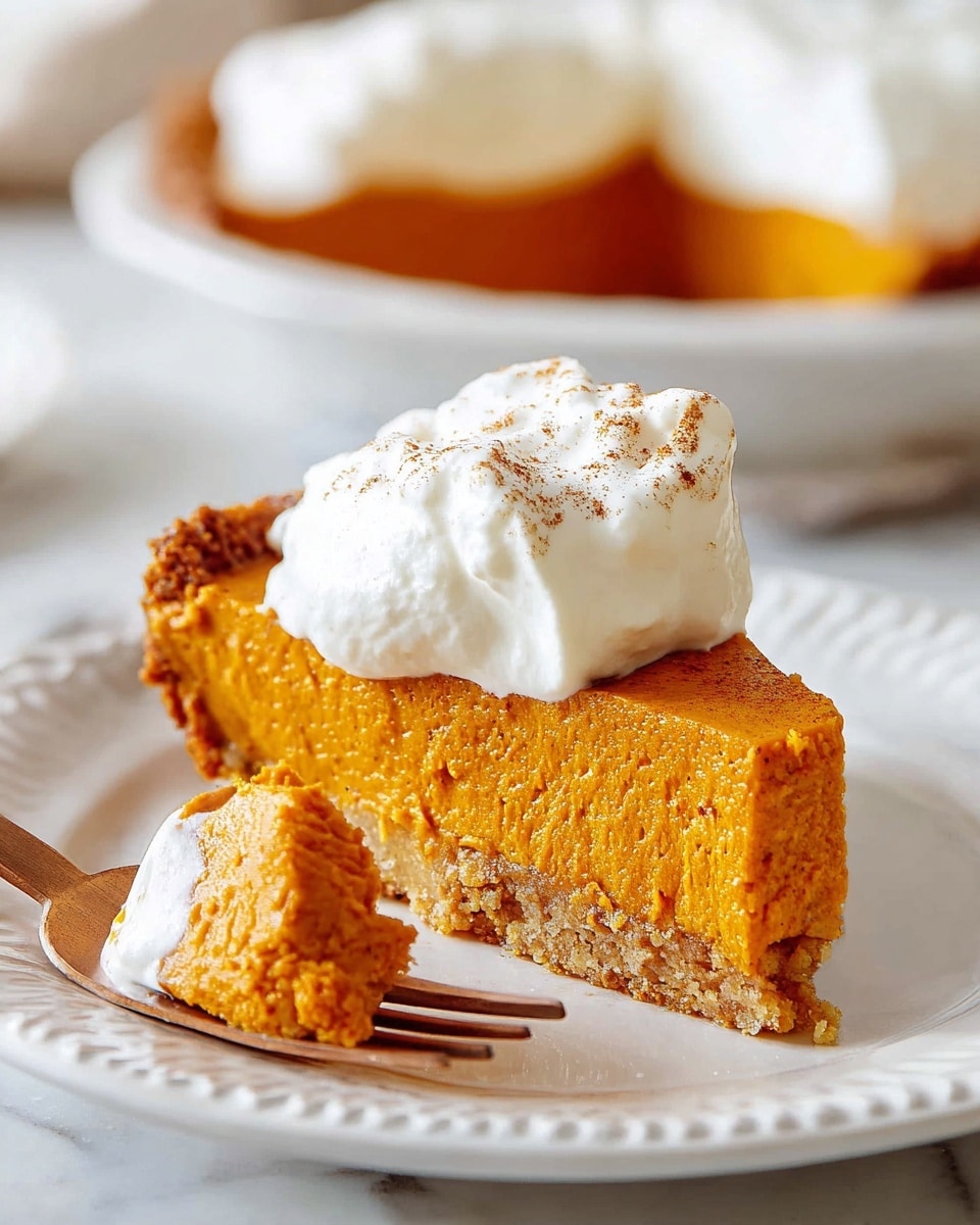 The image shows one slice of pumpkin pie on a white plate with a detailed edge design, placed on a white marbled surface. The pie has two visible layers: a thick, dense orange pumpkin layer with a slightly crumbly texture at the bottom where it meets the crust, and a thin golden-brown crust layer at the very bottom edge. On top of the orange layer is a generous dollop of white whipped cream, smooth and fluffy with small specks of cinnamon or spice sprinkled on it. A wooden fork holds a bite-sized piece of the pie with both pumpkin and whipped cream clearly visible, positioned close to the pie slice. photo taken with an iphone --ar 4:5 --v 7