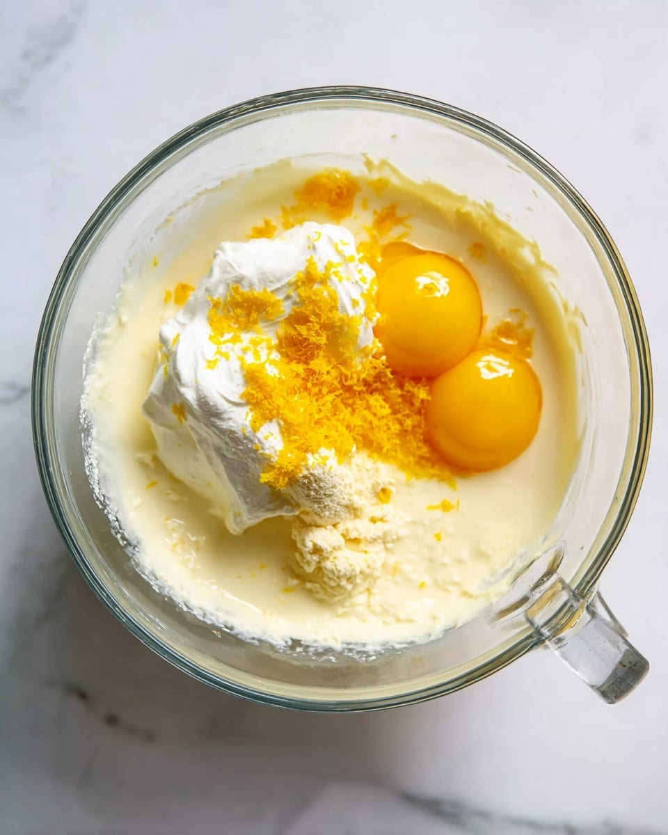 A clear glass bowl on a white marbled surface holds baking ingredients before mixing. The bottom layer is pale and creamy, likely soft butter and sugar. On top, three bright yellow egg yolks sit close together, partially surrounded by the creamy base. There is a dollop of thick white cream placed near the top, and a small pile of bright yellow lemon zest is scattered near the center, adding texture and color contrast. The glass bowl's handle is visible on the right side. Photo taken with an iphone --ar 4:5 --v 7