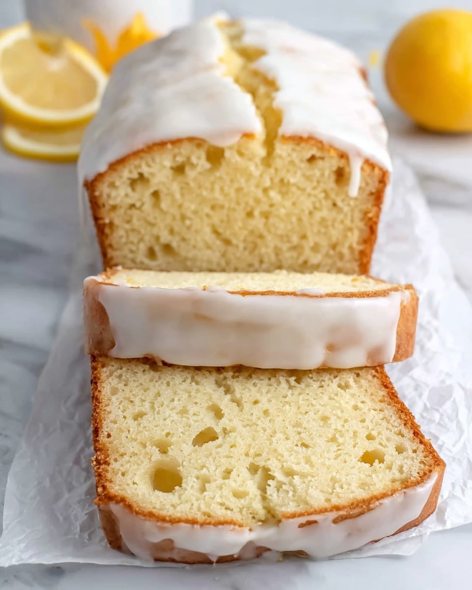 The image shows a loaf of lemon cake with three thick slices cut and placed in front of the remaining loaf. The cake has a light golden-yellow color with a soft, moist texture visible in the crumb, which has small air holes scattered throughout. The top of the loaf is covered with a smooth, shiny white icing that slightly drips down the sides. In the background, there are slices of fresh lemon and a lemon half, adding a bright yellow contrast. Everything is set on a white marbled surface with the cake resting on white parchment paper. photo taken with an iphone --ar 4:5 --v 7