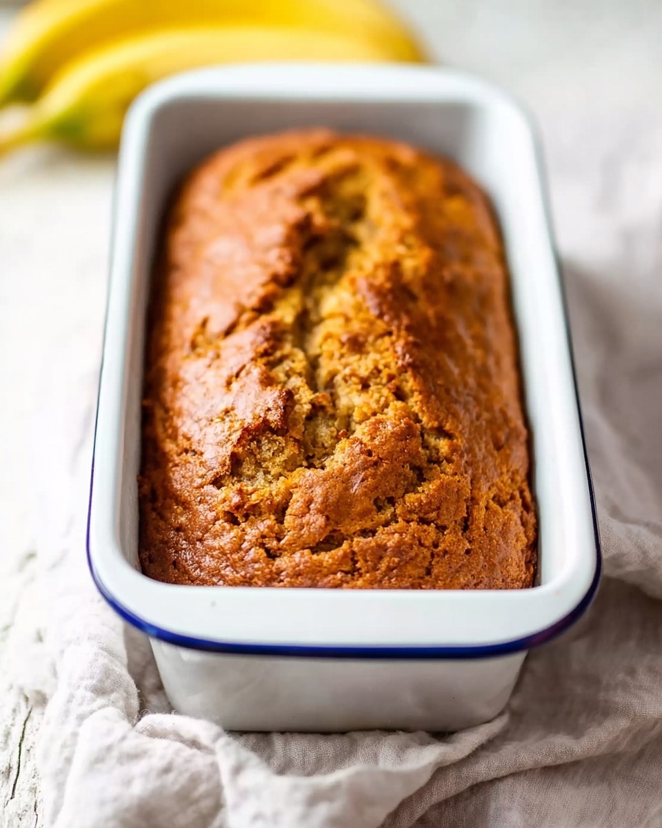 A golden brown banana bread loaf with a cracked top, showing a moist inside texture, is placed in a white rectangular baking pan with a blue rim. The pan sits on a soft white linen cloth, and the background has a white marbled texture with some blurred yellow bananas visible in the upper left corner. The bread looks fresh and warm, with a rough and slightly crunchy crust on the surface. Photo taken with an iphone --ar 4:5 --v 7