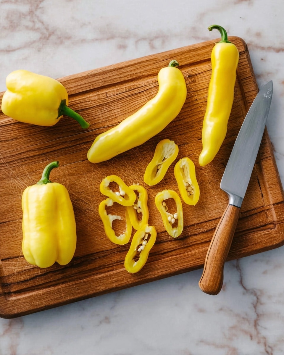 The image shows a wooden cutting board on a white marbled surface. On the cutting board, there are three long yellow peppers, two whole and one cut into slices with small seeds visible inside. The slices are spread out near the top center of the board. A knife with a silver blade and a wooden handle lies at the top right corner of the cutting board. To the left of the cutting board, there is one whole yellow pepper resting on the white marbled surface. Photo taken with an iphone --ar 4:5 --v 7