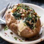 Cheesy Vegetarian Loaded Baked Potatoes with Spinach and Mushrooms Recipe