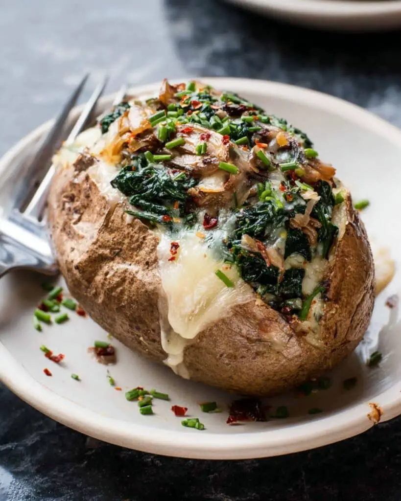 Cheesy Vegetarian Loaded Baked Potatoes with Spinach and Mushrooms Recipe