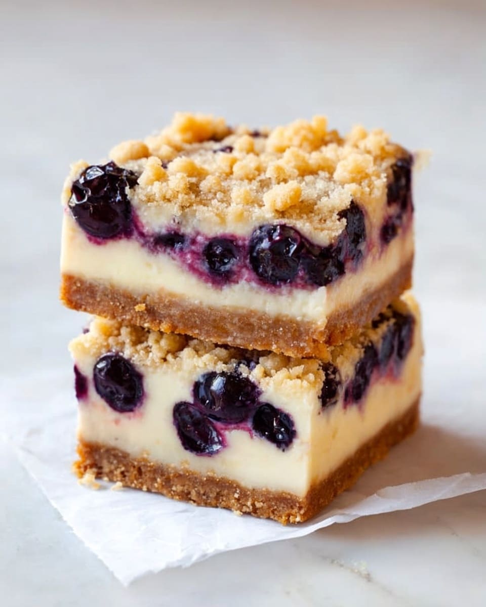 The image shows two stacked dessert bars on white parchment paper over a white marbled surface. Each bar has three layers: the bottom layer is a dense, light brown crumbly crust; the middle layer is thick and creamy white with whole dark purple blueberries embedded; the top layer is a golden crumbly streusel with small chunks. The bars have clean edges and the blueberries are spread evenly near the top of the creamy layer. Photo taken with an iphone --ar 4:5 --v 7