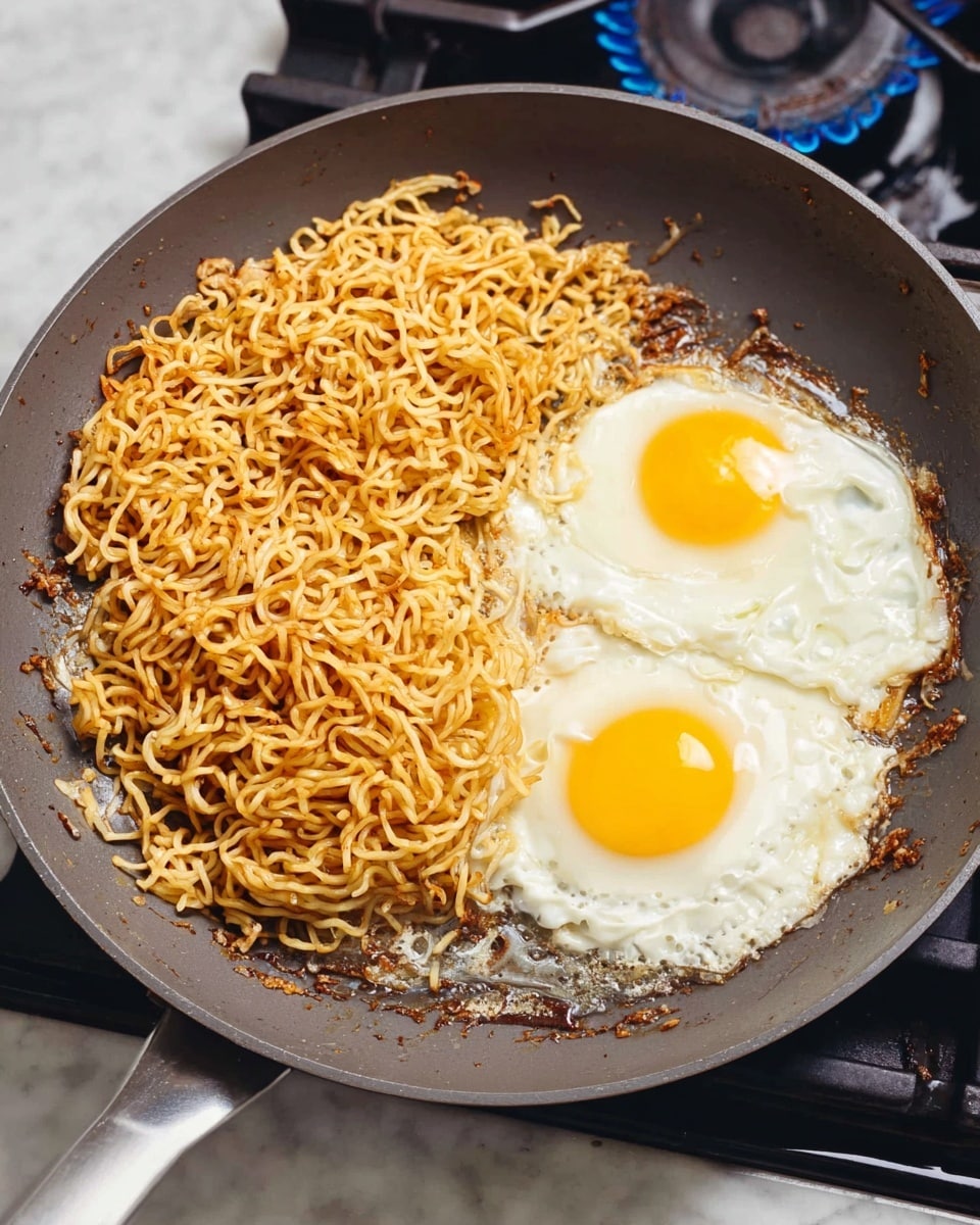 In a gray pan on a stove with black grates and blue flame, there is a serving of cooked yellow noodles on the left that look slightly crispy and browned in some spots. On the right side of the pan, there are two sunny side up eggs with bright yellow yolks and shiny white edges, cooked together but not fully spread out. The pan is resting on a white marbled surface beneath the stove. photo taken with an iphone --ar 4:5 --v 7