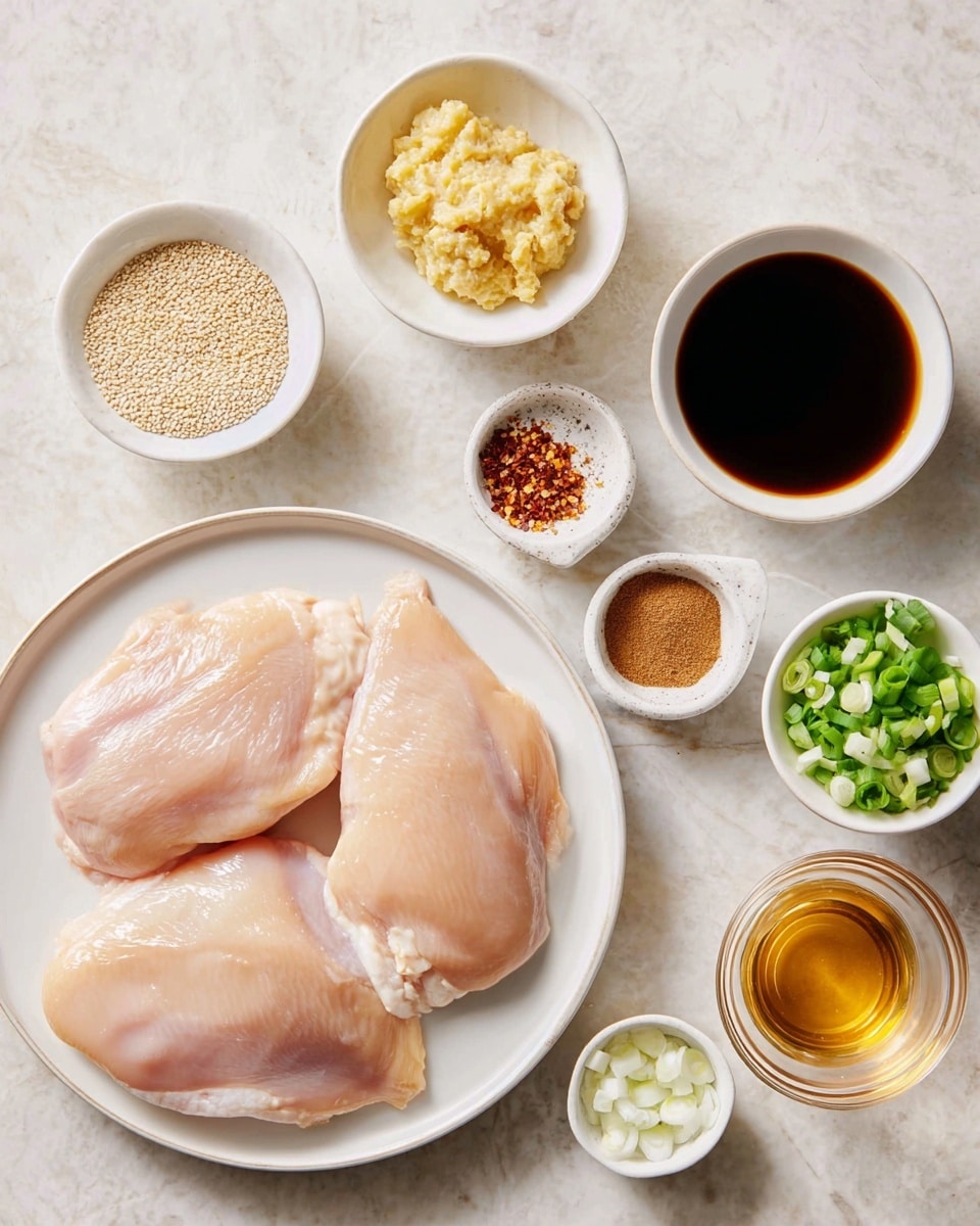 The image shows four raw chicken pieces laid out on a white plate with a smooth surface, arranged neatly with two larger pieces on top and two smaller ones below. Surrounding the plate are small white bowls containing various ingredients: a light yellow chunky mixture in one bowl at the top, a dark brown liquid in another bowl next to it, light beige sesame seeds in a small bowl below the dark liquid, finely chopped green onions in a bowl below the sesame seeds, finely chopped white onions in a round bowl near the center-right, a small bowl of crushed red chili flakes below the onions, a brown sugar pile in a small round bowl near the top-right, a small glass with a clear amber liquid below it, and a tiny bowl with a golden thick paste. The bowls and plate are all set on a white marbled textured surface. photo taken with an iphone --ar 4:5 --v 7