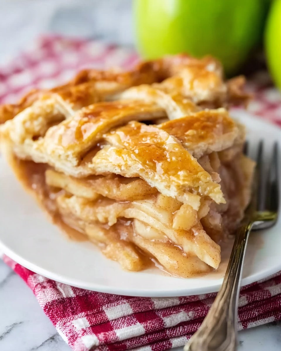 A close-up shot of a slice of apple pie on a white plate with a silver fork resting nearby. The pie has a golden, flaky lattice crust on top with visible layers of soft, light brown cooked apple filling inside. The crust shows a slightly shiny texture from a glaze, and the filling looks tender with some hints of cinnamon. The plate sits on a white marbled surface with a red and white checkered cloth partly visible under it. Two green apples are blurred in the background, adding a fresh touch. Photo taken with an iphone --ar 4:5 --v 7