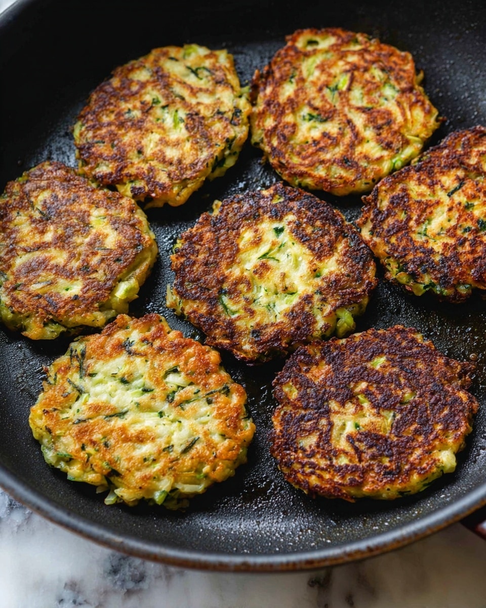 Six round patties are cooking in a black skillet. Each patty has a golden brown and crispy outer layer with uneven edges. Inside, the patties show a mix of light yellow and green bits, indicating chopped herbs or vegetables mixed in. The patties vary slightly in size and have a textured surface with small browned spots. The skillet is dark and contrasts with the golden patties, and the background has a white marbled texture. photo taken with an iphone --ar 4:5 --v 7