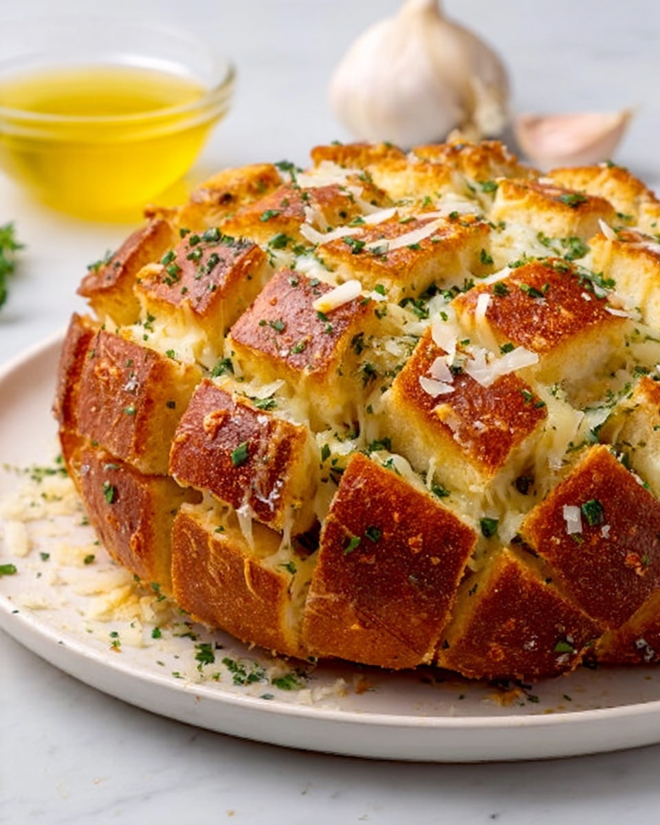 A round loaf of bread with its top sliced in a grid pattern, showing each square puffed up and golden brown. The bread crust is a rich brown color with a shiny texture, while the inside is soft with melted cheese visible between the cuts. Sprinkled green herbs and small white cheese shavings dot the surface. The loaf sits on a white plate over a white marbled surface, with a glass bowl of yellow sauce and a bulb of garlic blurred in the background. Photo taken with an iphone --ar 4:5 --v 7