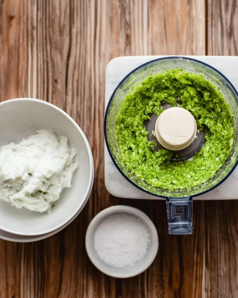 The image shows a clear food processor bowl filled with a bright green, finely chopped mixture that looks moist and smooth, with visible small bits creating a textured surface. Next to the processor, there is a white bowl containing a fluffy, white substance with a soft, creamy texture. Below that, a small white bowl with a bit of white, granular powder is placed. All items are sitting on a white marbled surface that contrasts with the wood pattern around. Photo taken with an iphone --ar 4:5 --v 7