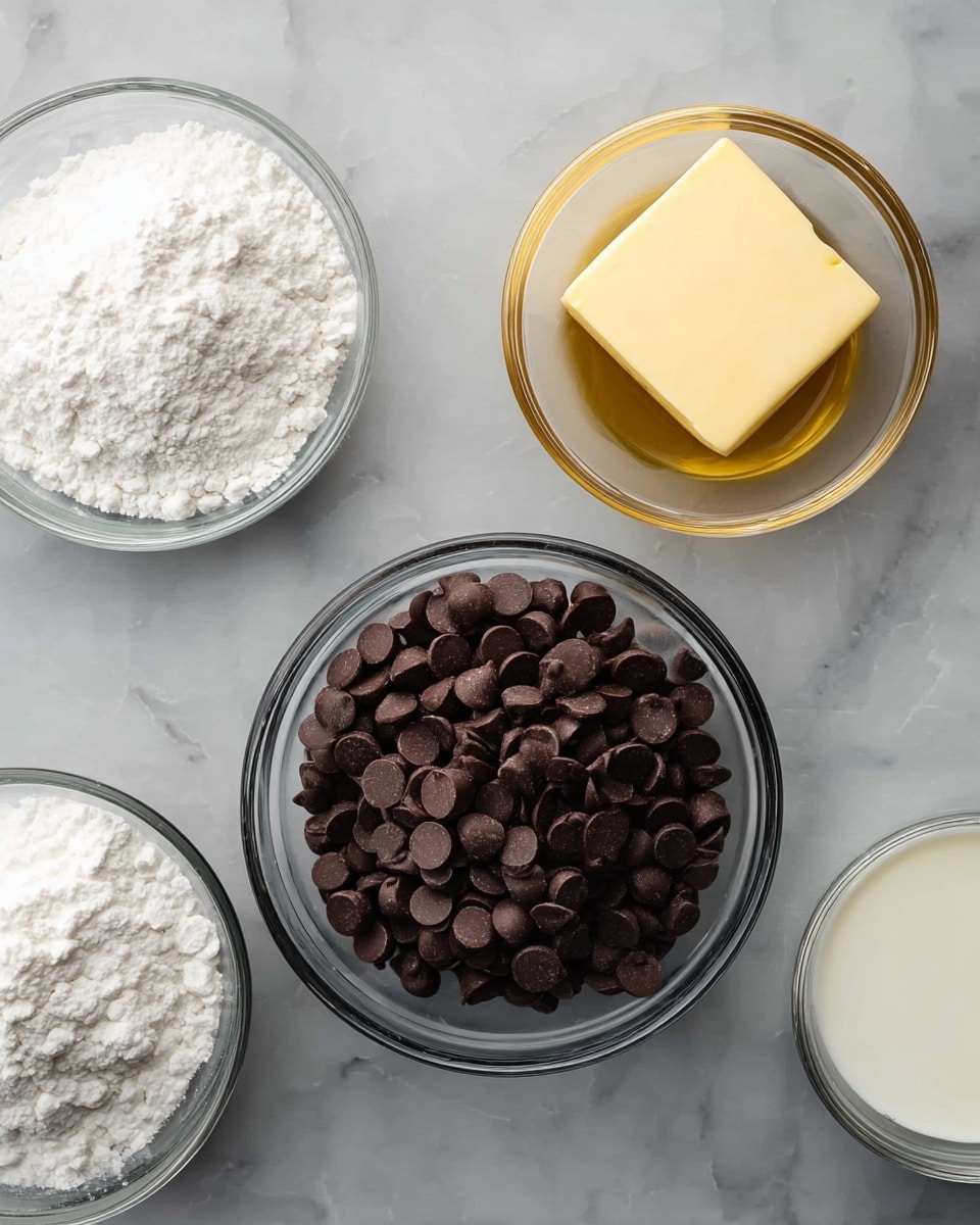 Five clear glass bowls sit on a white marbled surface. The center bowl is filled with dark brown chocolate chips with a shiny, smooth texture. Above it to the right, a smaller bowl holds a pale yellow square of butter resting in a light golden liquid. On the left side, two bowls contain fluffy, bright white powders with soft textures. The bottom right bowl has a white, creamy liquid with a smooth and glossy surface. The bowls and ingredients create a simple, clean arrangement, all on the white marbled background. Photo taken with an iphone --ar 4:5 --v 7