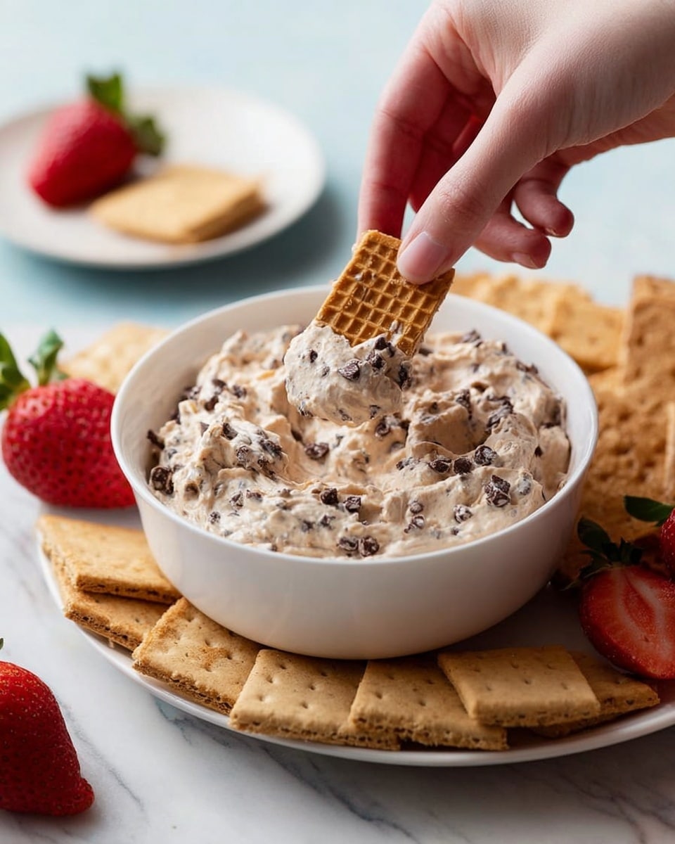 The image shows a white bowl filled with a creamy, beige dip mixed with small dark chocolate chips, creating a speckled texture. A woman's hand is dipping a rectangular wafer with a light golden grid pattern into the thick mixture. Around the bowl, there are light golden wafer pieces, rectangular brown graham crackers, and fresh, sliced strawberries with bright red color and green leaves on a white marbled surface. Another white plate in the background has a single wafer piece and a strawberry. Photo taken with an iphone --ar 4:5 --v 7