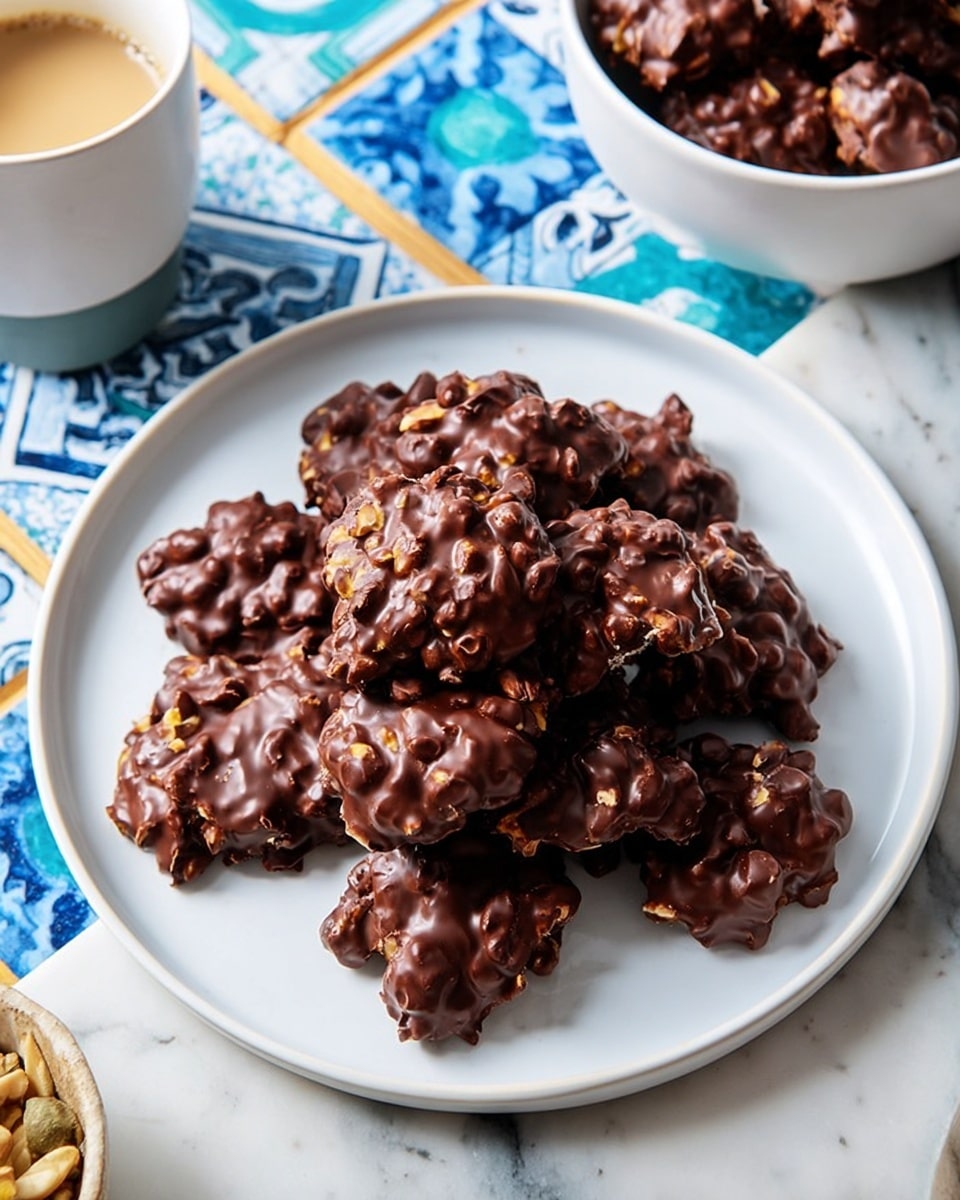 A white plate holds a pile of irregular dark brown chocolate clusters with a shiny surface and bumpy texture, hinting at nuts inside. The plate sits on a white marbled surface with blue and white patterned tiles visible around the edges. In the top left corner, there is a blurred white cup with a light creamy drink inside, and in the top right corner, a white bowl with more chocolate clusters is partly visible. The photo taken with an iphone --ar 4:5 --v 7