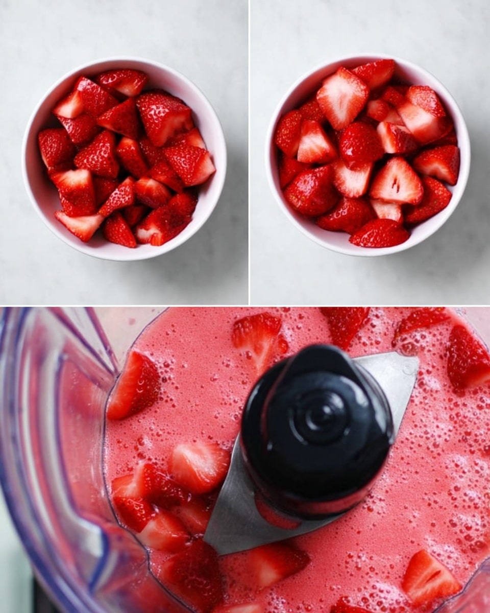 The first image shows a white bowl filled with bright red strawberry slices, each piece layered roughly evenly with different sizes and shapes, highlighting the fresh, smooth texture of the fruit. The second image displays the sliced strawberries placed inside a clear blender container with a black blade in the center, the pieces sitting over one another, showing shiny, juicy surfaces and slight shadows inside the transparent sides. The third image captures the blender mid-operation, blending the strawberries into a light red frothy mix with small bubbles on the surface, with the black blender blade still visible under the foam, all set against a white marbled background. Photo taken with an iphone --ar 4:5 --v 7