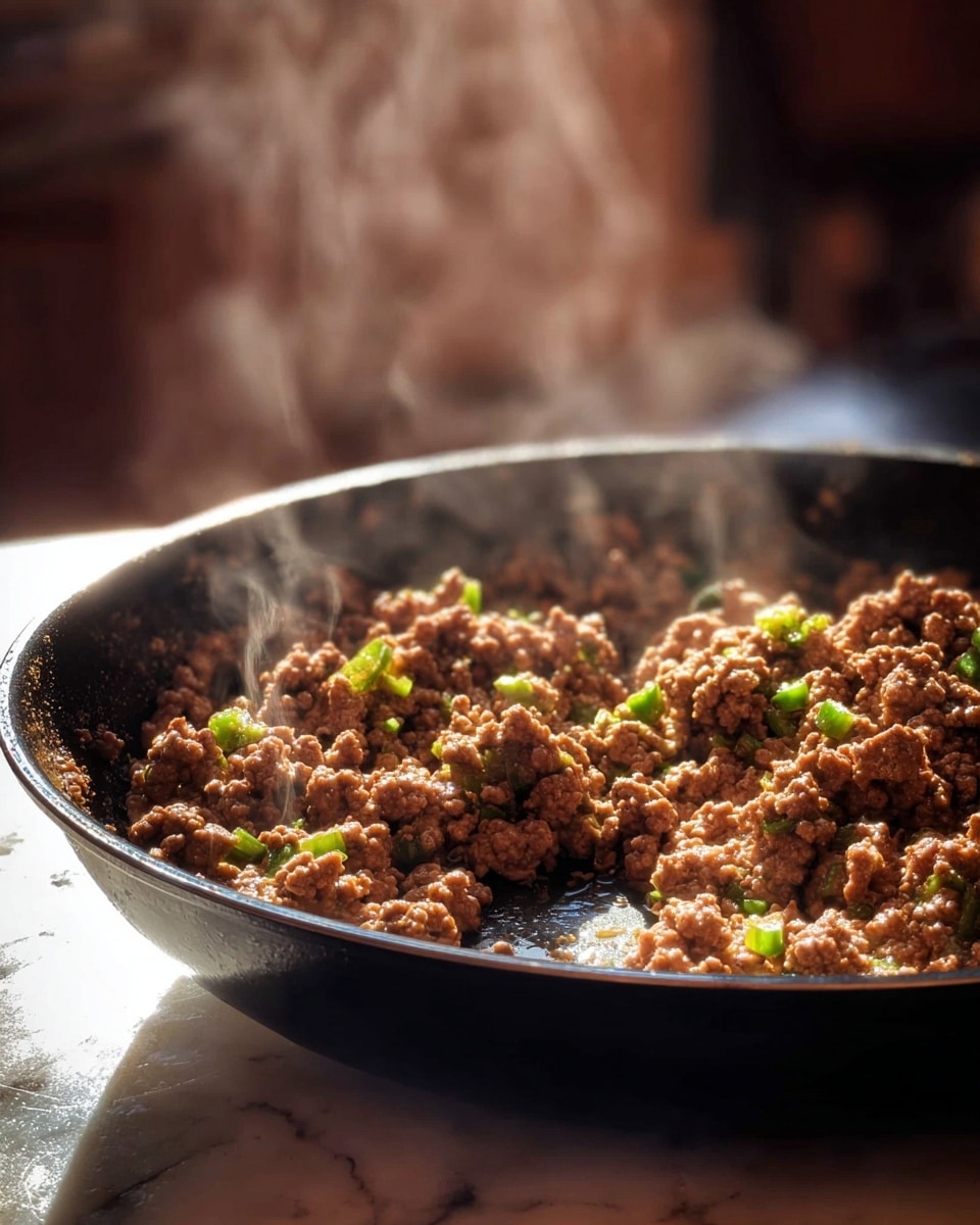 A black pan filled with cooked ground meat mixed with small green pepper pieces. Steam rises from the meat, showing it is hot and freshly cooked. The pan has a small shiny spot of oil in the center and sits on a white marbled surface with warm light reflecting on the meat and pan edges. The background is blurry with warm brown tones. photo taken with an iphone --ar 4:5 --v 7