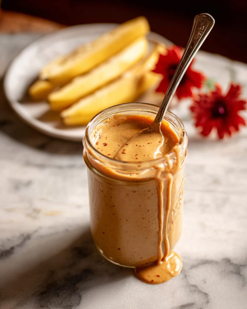 A clear glass jar filled with light brown peanut butter, creamy in texture with small bits visible inside, sitting on a white marbled surface. A silver spoon is dipped into the jar, with some peanut butter dripping over the edge. In the background, slightly out of focus, there is a white plate holding several thick yellow banana slices and two small red flowers. The lighting is warm, highlighting the smoothness and richness of the peanut butter. photo taken with an iphone --ar 4:5 --v 7