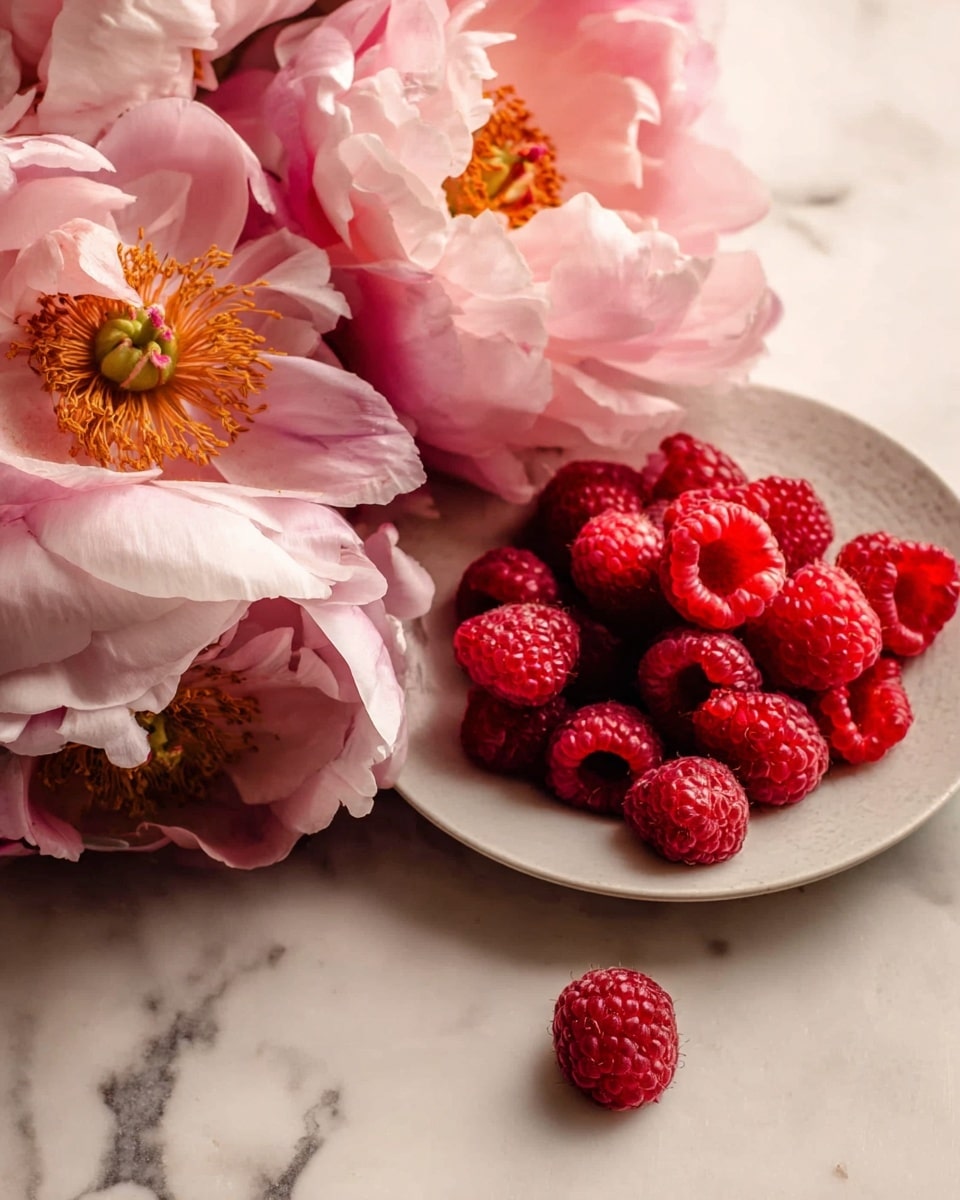 A small white plate filled with many fresh, bright red raspberries. Behind and around the plate are large, soft pink flowers with delicate petals and yellow centers. The plate is placed on a white marbled surface, and one raspberry is slightly apart from the plate. Soft light highlights the textures of the raspberries and petals in the image. photo taken with an iphone --ar 4:5 --v 7