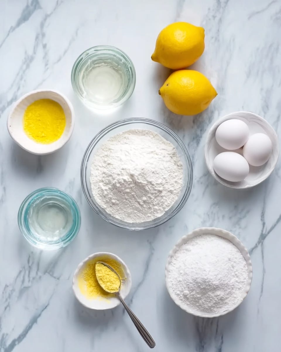 The image shows eight items arranged on a white marbled surface in a flat lay style. In the center, there is a clear bowl filled with white powder, likely flour or sugar. Around it, clockwise, there is a metal spoon with yellow powder, a white bowl with more white powder, a small glass bowl with clear liquid, two bright yellow lemons, a glass bowl filled with white powder, a white bowl with two white eggs, and another glass bowl with clear liquid. The colors are mainly white and yellow, with clear bowls, and the lighting is soft and natural. photo taken with an iphone --ar 4:5 --v 7