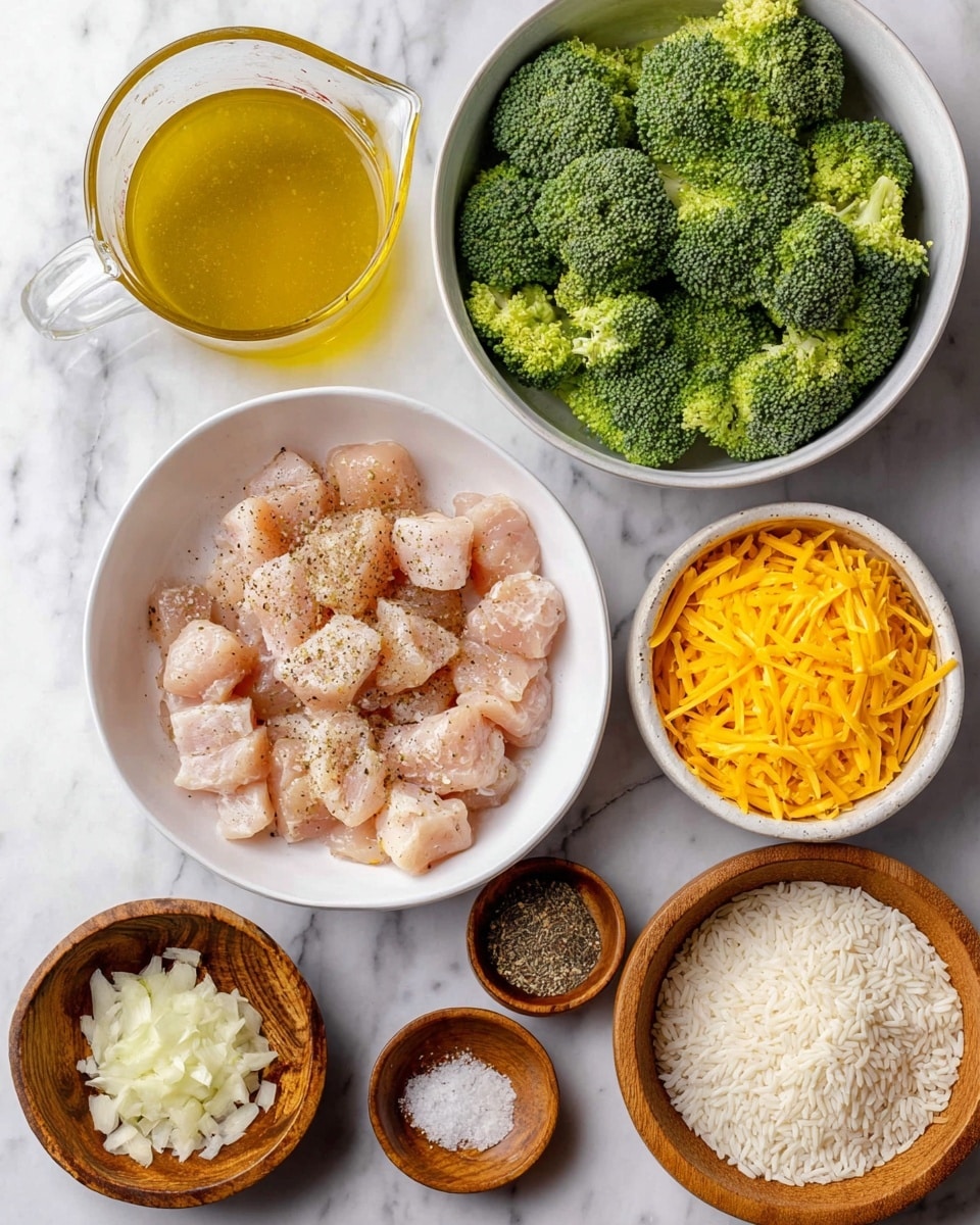 The image shows several bowls arranged on a white marbled surface, each containing different raw ingredients. At the center, a white bowl holds raw cubed chicken seasoned with salt and pepper, showing a pale pink color with specks of black pepper. To the top right, a large white bowl is filled with bright green broccoli florets. Directly above the chicken, there is a clear glass measuring cup with a golden yellow broth. To the bottom right, a white bowl contains bright yellow shredded cheese. On the left side, a small wooden bowl has finely chopped white onions, and next to it is a smaller wooden bowl filled with minced garlic. Two more small wooden bowls at the bottom contain coarse salt mixed with black pepper and a small amount of oil or liquid. A round wooden bowl at the right edge holds uncooked white rice grains. All elements are neatly arranged and clearly visible. Photo taken with an iphone --ar 4:5 --v 7