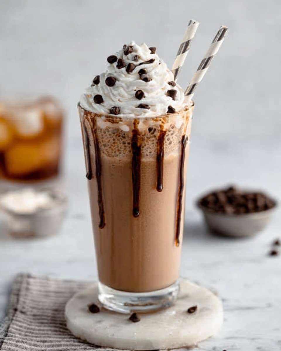 A tall clear glass filled with a light brown chocolate drink, topped with a swirl of white whipped cream that has small chocolate chips scattered on it. Dark chocolate syrup drips down the inside of the glass from beneath the whipped cream. Two white paper straws with dark stripes stand out of the whipped cream on the right side. The glass is on a white marbled surface with a small metal bowl of chocolate chips blurred in the background and a blurred drink with ice behind it. A woman's hand is partially visible touching the left side of the glass. photo taken with an iphone --ar 4:5 --v 7