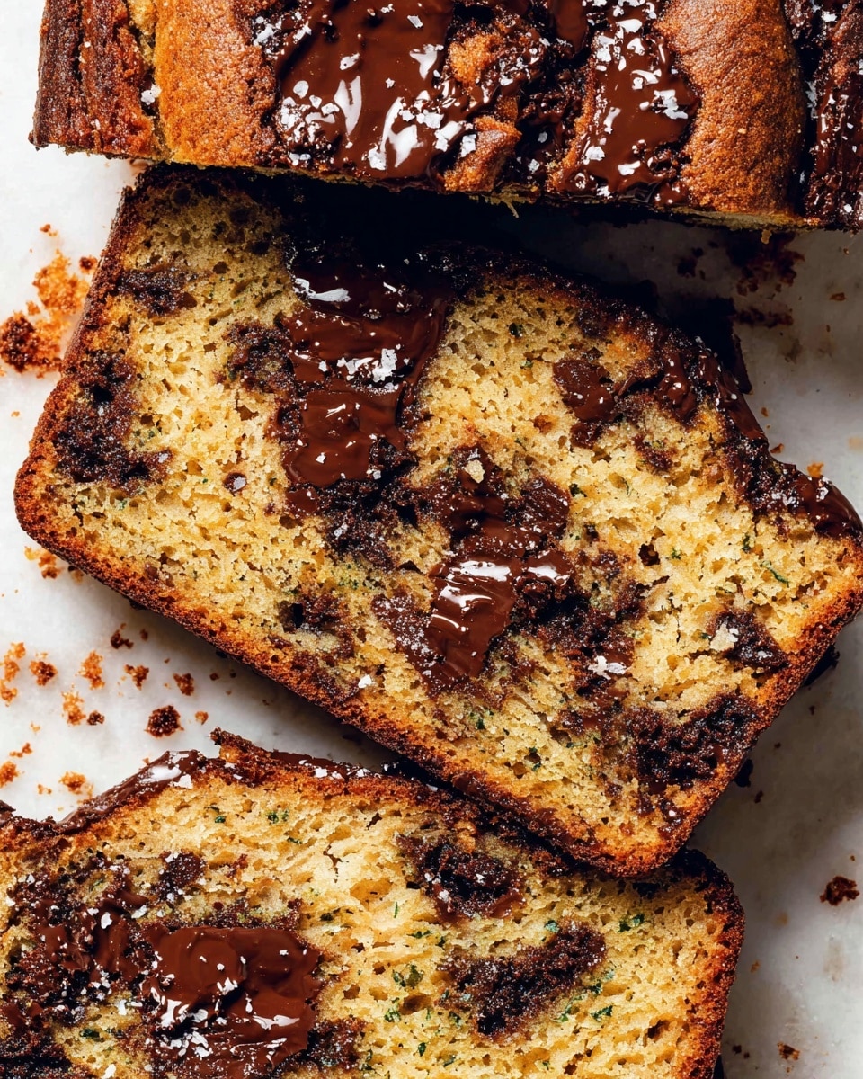 The image shows a golden-brown banana chocolate chip loaf cake in a shiny metal loaf pan. The top of the cake is slightly cracked with dark brown chocolate chips spread evenly across the surface. The loaf has a soft, moist texture with small air pockets visible near the cracks. The pan is placed on a white marbled surface with subtle gray veins. photo taken with an iphone --ar 4:5 --v 7