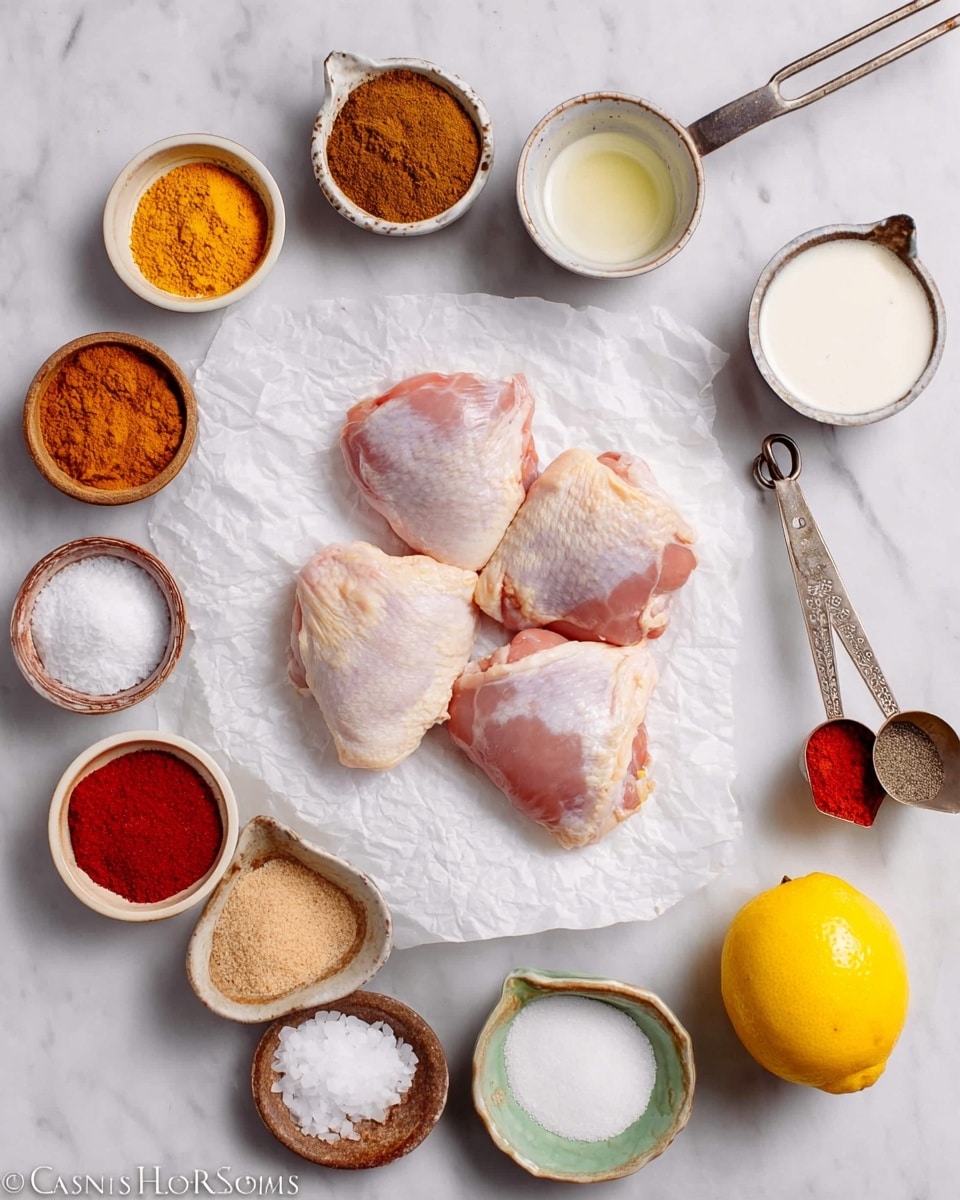 The image shows four pieces of raw chicken thighs placed on white parchment paper in the center, surrounded by small round and square bowls filled with different spices and ingredients, all arranged in a circle on a white marbled surface. The spices include a mustard yellow powder, a brown powder, bright red and orange powders, and a ground black pepper. There are also three measuring cups with white creamy substances, a small bowl of salt, brown sugar, and a clear liquid, possibly oil. A whole yellow lemon is on the right side. Two vintage-style measuring spoons with red and white powders rest nearby. photo taken with an iphone --ar 4:5 --v 7