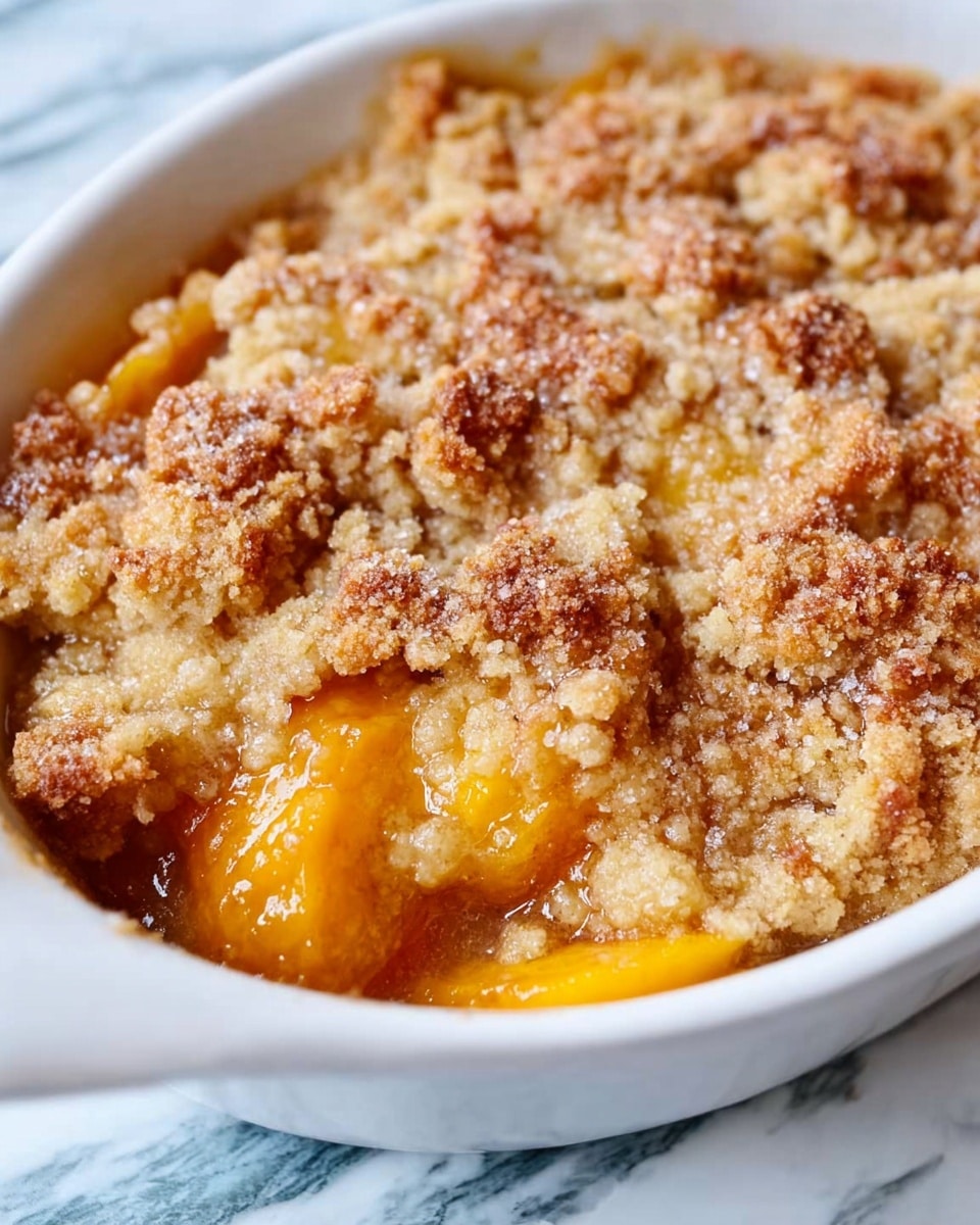The image shows a close-up of a white oval dish filled with a baked dessert consisting of soft, orange peach slices as the bottom layer, partially covered by a thick, golden-brown crumbly topping that looks slightly crisp and sprinkled with sugar. The peach layer has a glossy, juicy texture while the top has a rough, uneven surface with some darker browned spots. The dish sits on a surface with a white marbled texture, and the overall look is warm and inviting. photo taken with an iphone --ar 4:5 --v 7