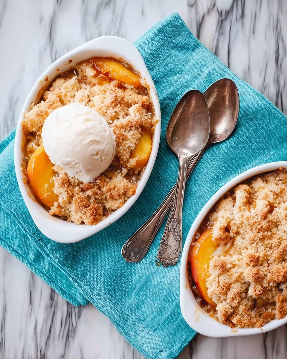 The image shows two white oval dishes placed on a white marbled surface with a turquoise cloth underneath. Each dish is filled with a peach cobbler dessert that has a golden brown, crumbly crust on top, with soft orange peach slices visible under the crust. One dish has a scoop of creamy white vanilla ice cream resting in the center on top of the cobbler. Two old-fashioned tarnished silver spoons lie next to the dishes, arranged in an X shape. The colors are warm from the dessert, cool from the cloth, and neutral from the surface. photo taken with an iphone --ar 4:5 --v 7