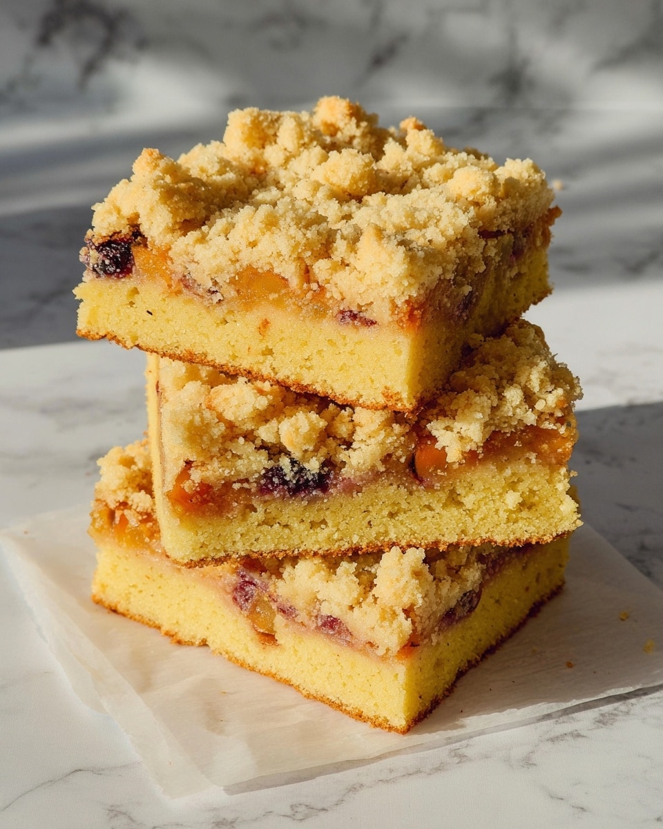 The image shows a stack of three thick, square cake bars on a piece of white paper. Each bar has two main layers: a dense yellow cake base with visible pieces of mixed fruit in orange and purple shades, and a crumbly, light golden topping with a rough texture covering the top. The bars have a slightly uneven surface on top with small cracks and clusters of crumb. The background is a white marbled surface with soft natural light coming from the side, casting gentle shadows. Photo taken with an iphone --ar 4:5 --v 7