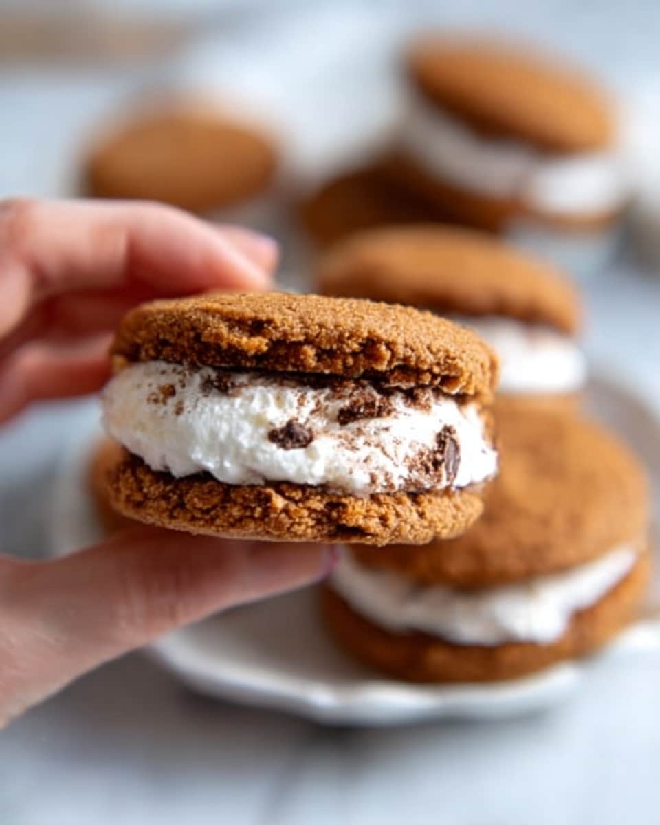 A close-up view of a s'mores cookie sandwich being made on a white marbled surface. The base layer is a golden-brown cookie with a slightly rough texture. On top, there is a thick, smooth white marshmallow layer, covered partially with swirls of light brown peanut butter and dark brown chocolate drizzle. A woman's hand is placing a second golden-brown cookie on top to form a sandwich. In the background, blurred cookie sandwiches are visible, showing the same layers. photo taken with an iphone --ar 4:5 --v 7